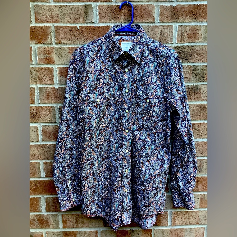 Panhandle Rough Stock Men’s Western Shirt Blue Paisley Size Medium Pearl Snaps